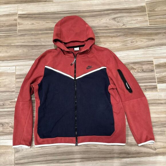 red and dark blue nike tech fleece sweatsuit hoodie and pants - Picture 3 of 7